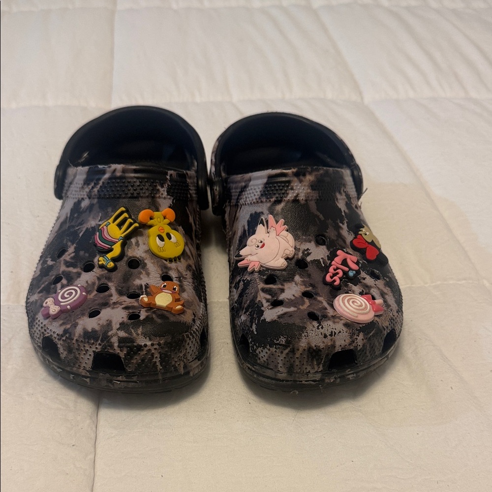 CROCS Black Patterned Clogs with Fun Charms